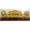 Image 1 : Carved Louis XVI style three-piece parlor set. Gilt and gold leaf carved floral decorations thro...