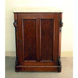 Unusual American Victorian white marble top storage cabinet. 3/4 columns with lion's heads and c...