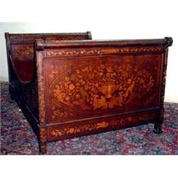 French Empire marquetry inlay sleigh bed. Inlaid with florals, birds, urn, and string. Circa ear...