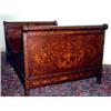 Image 1 : French Empire marquetry inlay sleigh bed. Inlaid with florals, birds, urn, and string. Circa ear...