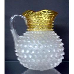 Franciscanware hobnail pitcher. Yellow and clear satin glass. Ground pontil. $100-200...