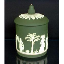 Wedgwood Jasperware humidor, white on green ground of figures in a landscape, marked. 8 1/2 h. $...