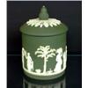 Image 1 : Wedgwood Jasperware humidor, white on green ground of figures in a landscape, marked. 8 1/2"h. $...