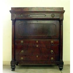 American Empire mahogany fall front desk. Architectural form. Single drawer over drop front sect...