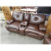 Image 2 : LEATHER RECLINNG COUCH - HIDDEN LEVERS - SLIDING CENTER CONSOLE TO CUP HOLDERS - BROWN - BRAND NEW