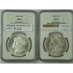 A pair of Choice Mint State 1878-S Morgan Dollars.