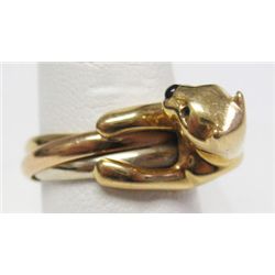 Cartier 18k Yellow Gold Panther Ring - 2 round cut emerald eyes. Enamel nose. Ring size: 7.5". Weigh