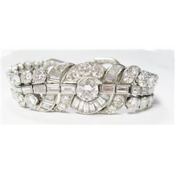 Platinum Art Deco Diamond Bracelet w/ Baguette & Round European Brilliant Cut Diamonds - Center Euro