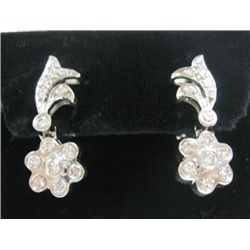18k White Gold Pierced/Clip On Dangling Earrings w/ Round Brilliant Cut Diamonds - 28 round brillian