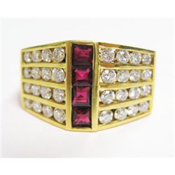 18k Yellow Gold Ring w/ Square Cut Rubies & Round Brilliant Cut Diamonds - Approx. 1.25 carats of ro