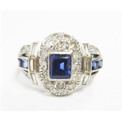 Art Deco Platinum Ring w/ Sapphire, Baguette & Round Cut Diamonds - Approx. 0.25ct emerald cut sapph