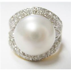 18k Yellow Gold Ring w/ Pearl, Pear, & Round Brilliant Cut Diamonds - 2 pear shape diamonds + 62 rou
