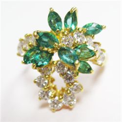 18k Yellow Gold Ring w/ Marquise Cut Emeralds & Round Brilliant Cut Diamonds - 16 round brilliant cu
