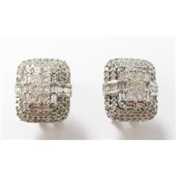 14k White Gold Pierced Earrings w/ Princess, Baguette, & Round Brilliant Cut Diamonds - Approx. 2 ca