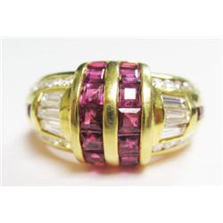18k Yellow Gold Ring w/ Square Cut Rubies, Baguette, & Round Brilliant Cut Diamonds - Approx. 0.80 c