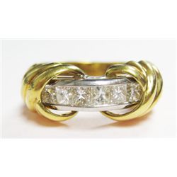 18k Yellow & White Gold Ring w/ Princess Cut Diamonds - 6 princess cut diamonds, TAW: 0.75 carat. Es