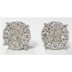 18k White Gold Pierced Earrings w/ Princess & Round Brilliant Cut Diamonds - Approx. 2 carats of rou