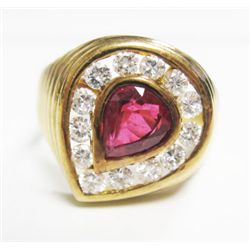 18k Rose Gold Ring w/ Approx. 1.48 carat Pear Shape Ruby & Round Brilliant Cut Diamonds - 13 round b
