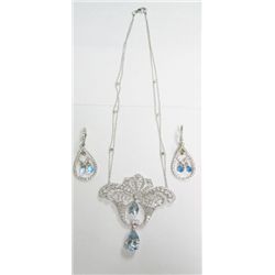 18k White Gold Necklace & Earrings Set w/ Blue Topaz & Round Brilliant Cut Diamonds - Necklace: 2 pe