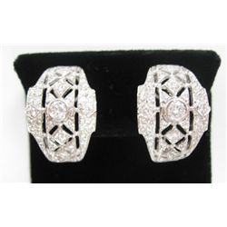 18k White Gold Pierced/Clip On Earrings w/ Round Brilliant Cut Diamonds - Approx. 1.35 carat of roun
