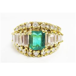 18k Yellow Gold Ring w/ Approx. 1 carat Emerald, Baguette & Round Brilliant Cut Diamonds - 22 round 