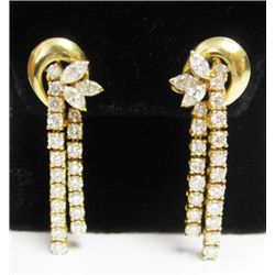 18k Yellow Gold Dangling Diamond Earrings - 40 round brilliant cut diamonds + 6 marquise cut diamond