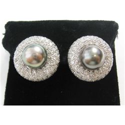 18k White Gold Pierced/Clip On Earrings w/ Pearls & Round Brilliant Cut Diamonds -2 Pearls: Approx. 