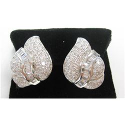 18k White Gold Pierced/Clip On Earrings w/ Baguette & Round Brilliant Cut Diamonds - Approx. 4.14 ca