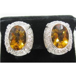 18k White Gold Pierced/Clip On Earrings w/ Citrine & Round Brilliant Cut Diamonds - 88 round brillia