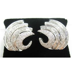 18k White Gold Pierced/Clip On Earrings w/ Baguette & Round Brilliant Cut Diamonds - Approx. 3.70 ca