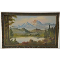 Framed oil painting of mountain lake signed Wade, approx. 18-1/2” x 29”, nicely accomplished and app