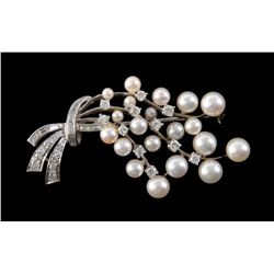 Beautiful custom antique Broach set with Pearls and Diamonds. 14k white gold. Est. retail replacemen