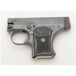 Mann’s Patent semi-auto pistol, 6.35mm cal., 1-3/4” barrel, blue finish, checkered hard rubber grips