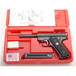 Ruger Mark II 50 year semi-auto pistol, .22LR cal., 6” barrel, black finish, checkered plastic red m