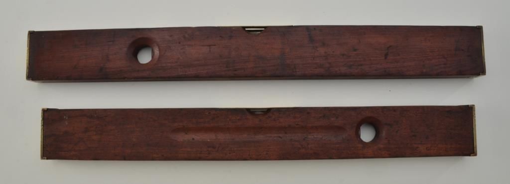 2 antique brass mounted on wood levels by Stanley with patent dates 6 ...