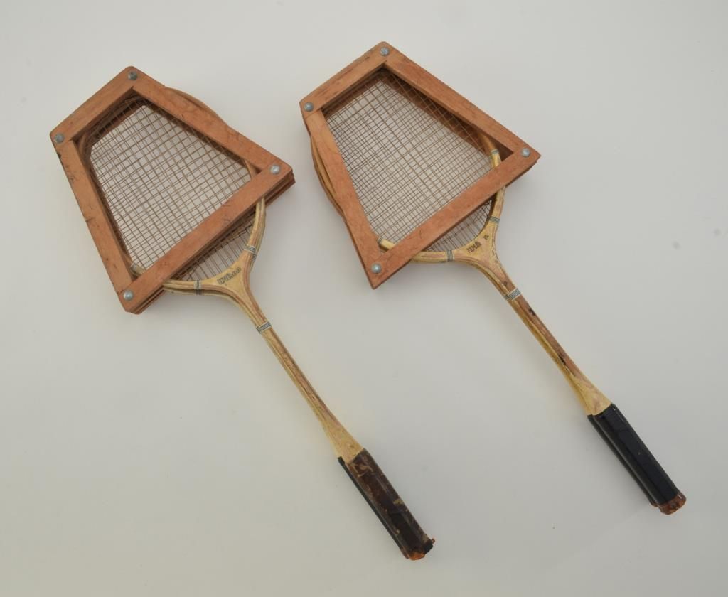 Lot of 4 antique Wilson badminton rackets with original wood holders in ...