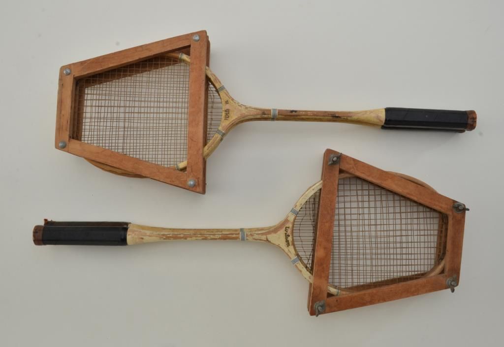 Lot of 4 antique Wilson badminton rackets with original wood holders in ...