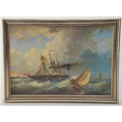 Framed color print on canvas of the Civil War steamer Sultana, approx. 23” x 31” in overall good con