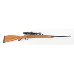 Military Mauser 98 bolt action rifle as sporterized, 23” blued barrel, checkered wood stock, serial 