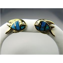 Fabulous Black Opal and Diamond Earrings set in a charming fish design with 2 ‘IDEAL’ cut diamonds s