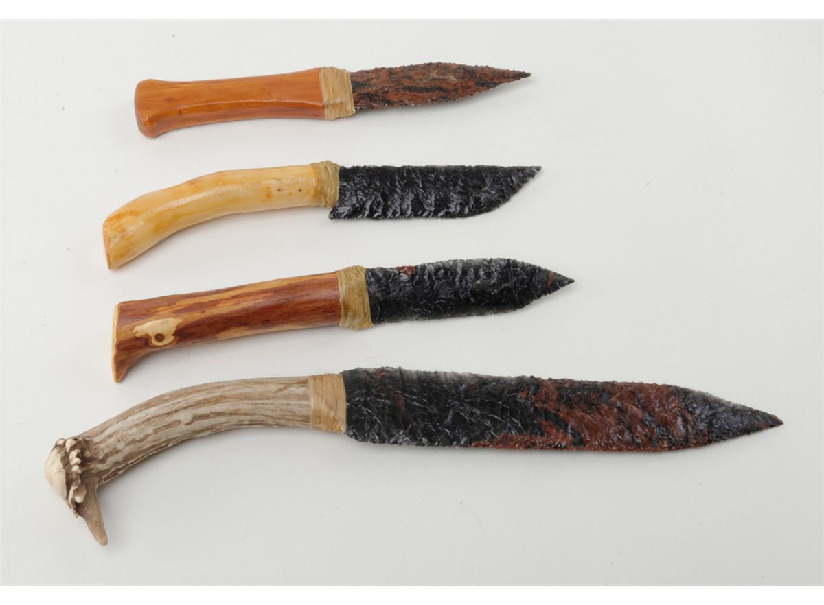 Lot of four (4) "chipped flint knives" with nicely made wood and horn