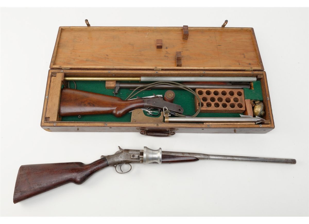 Lot of 2 antique harpoon Guns as follows H+R cast Pt date 1901 12 GA