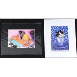 2 Cute Cat Photo Prints Matted -Kitten in Mug, Massage