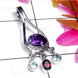 3.70g Pendant of Amethyst,Blue Topaz & Garnet Sterling Silver