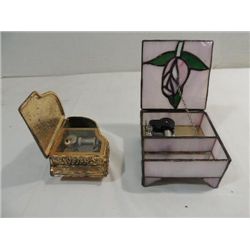 LOT 2 VINTAGE MUSIC BOXES: PIANO & STAIN GLASS