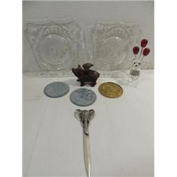 LOT 8 COLLECTIBLES: CAST IRON ELEPHANT, CRYSTAL