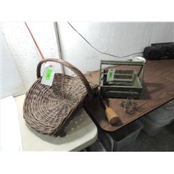 LOT 4 VINTAGE COLLECTIBLES: WILLIOW BASKET, WOOD