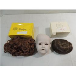 LOT 3 DOLL PARTS: PORCELAIN HEAD, (2) HAIR WIGS