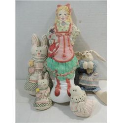 LOT 5 VINTAGE PLUSH CLOTH DOLLS (3) RABBITS,