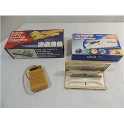 LOT 4 VINTAGE ITEMS: 2 HAND HELD SEWING MACHINES,